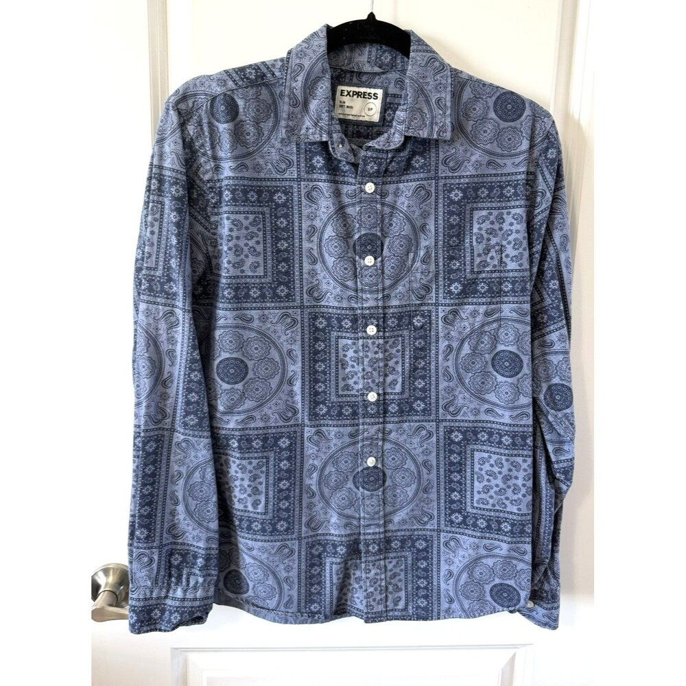 Express Shirt Mens Small Button Up Paisley Blue Bandana Geometric Slim N98